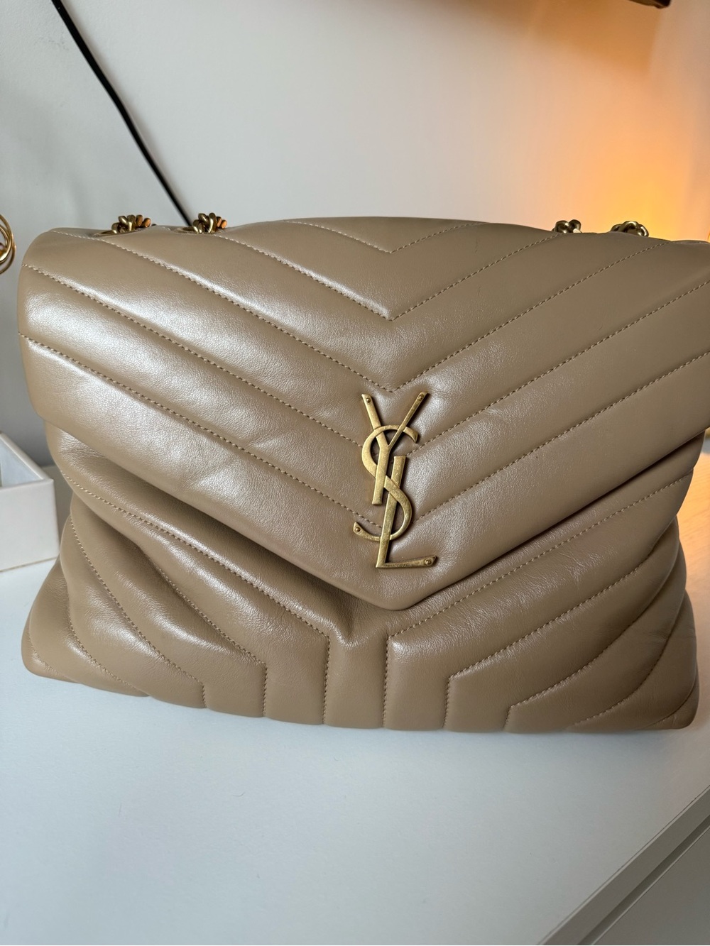 Saint Laurent Beige Chevron Quilted Leather Shoulder Bag with Gold YSL Hardware